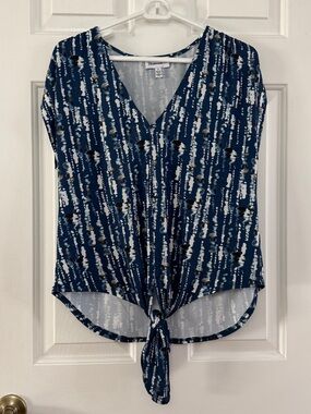 Veronica M Blue and White Tie-Front V-Neck Womens Blouse